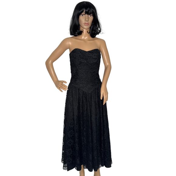 Vintage 80's Positively Ellyn Black Lace Strapless Beaded Smocked Dress small - Picture 3 of 17